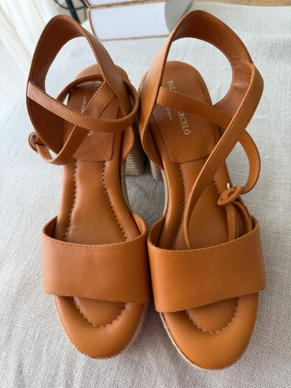 Neiman Marcus Tan Leather Ankle-Strap Block Heel Sandals